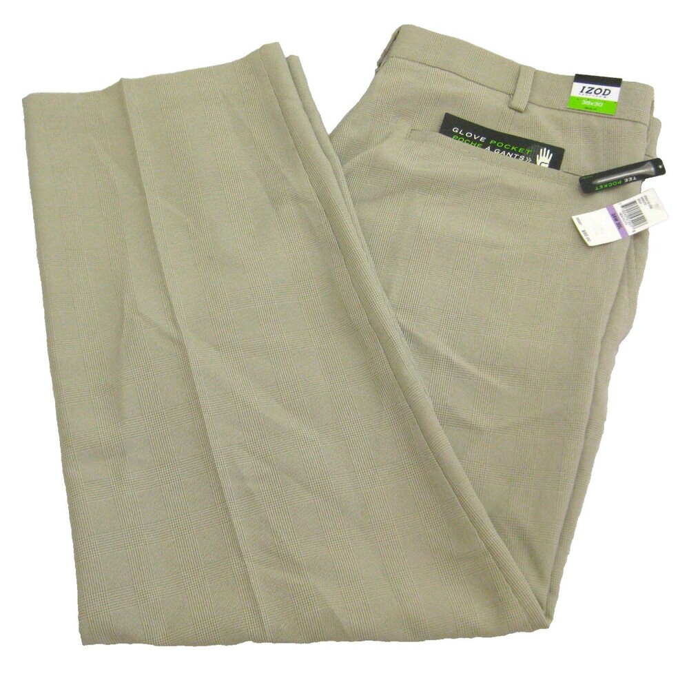 New IZOD PerformX Golf Pants Mens 38x30 Beige Flat Front Chino Slacks 5 Pockets